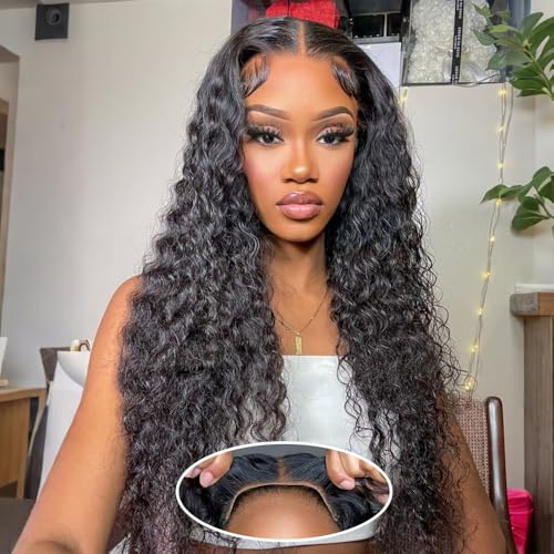 Espive 24 Inch Deep Wave Human Hair Wigs for Black Women 180% Density Glueless Lace Closure Short Curly Bob
