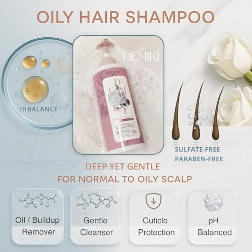 DEMIKI Oily Hair Shampoo with Pink Rose Scent 450ml - Sulfate-Free & Color Safe, Red Variant