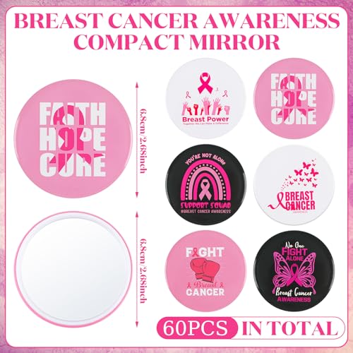 Soaoo 60Pcs Breast Cancer Awareness Pocket Mirrors Pink Ribbon – Compact 2.68in
