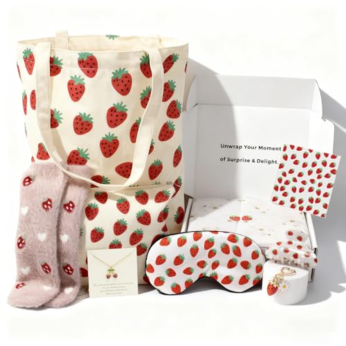 Strawberry Lover Gifts for Women - Strawberry Tote Bag, Makeup Bag, Eye Sleep Mask Gift Set for Girls - Birthday, Christmas, Thank You Gifts for Mom, Teacher, Friend, Sister, Nurse (Strawberry)