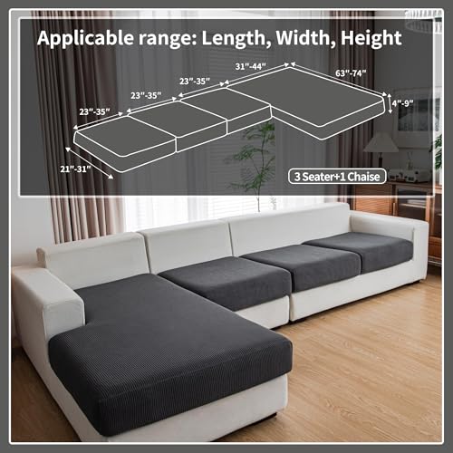 QIANMEW Dark Gray Striped L-Shaped Sofa Cushion Covers Set (4 pcs, 3 Small + 1 Chaise)