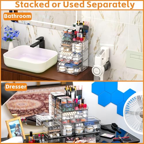 11 Drawer Acrylic Makeup Organizer Set - Stackable Cosmetic Storage for Vanity & Bathroom - Large Plastic Skincare Drawer Bins - 4-Pack