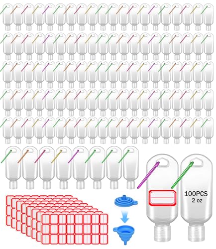 HATTIE 100 Pack Travel Clear Plastic Keychain Bottles 50ml Leakproof Refillable Squeeze