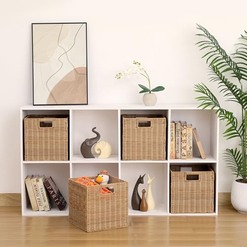 Khaki Collapsible Plastic Wicker Storage Baskets Set of 4 - 10.5 x 10.5 Inches