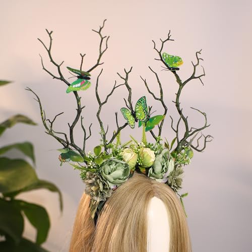 MOSTORY Green Butterfly Tree Headband - Handmade Woodland Floral Crown for Women