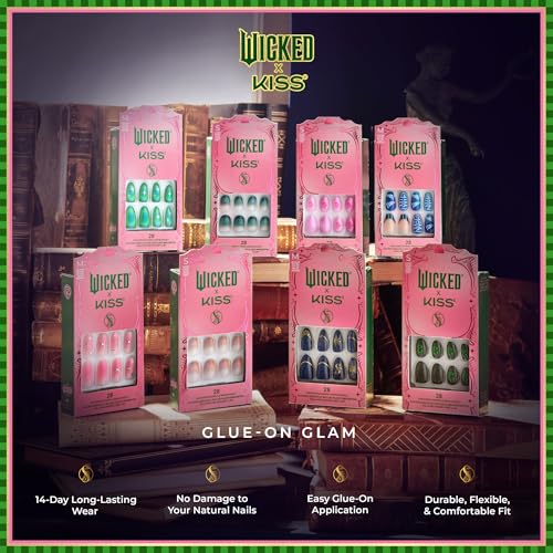 WICKED X KISS Press On Nails, ¡®Don't Hide Your Magic¡¯, Green, Short Oval, Waterproof, Chip Proof, Smudge Proof, 28 Fake Nails, Pink Gel Nail Glue (2g), Mini Nail File, & Manicure Stick