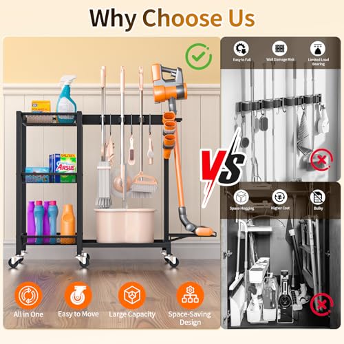 Black 30.7 x 11.8 x 34.6 Inch Multi-Function Cleaning Supplies Organizer with Wheels