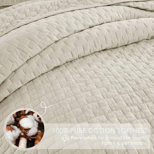 California King Cotton Quilt Set with Pillow Shams - Block Beige, Textured Oversized Bedspread