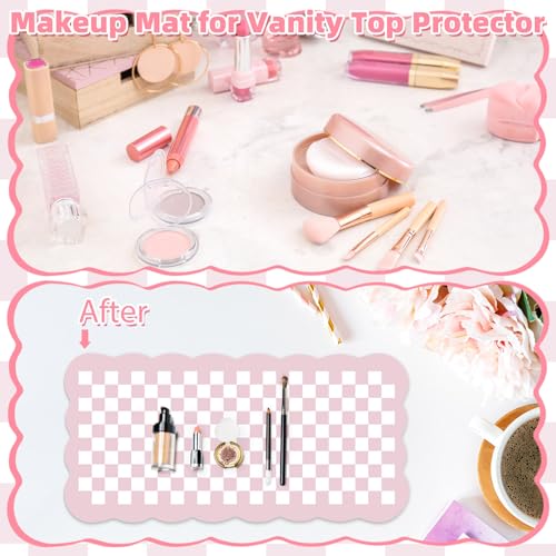 Nuanchu Pink Checkered Make up Mat, Pastel Vanity Makeup Pad Dual Sided Make up Mat for Vanity Easy to Clean Makeup Pad Waterproof and Oilproof(Scalloped)