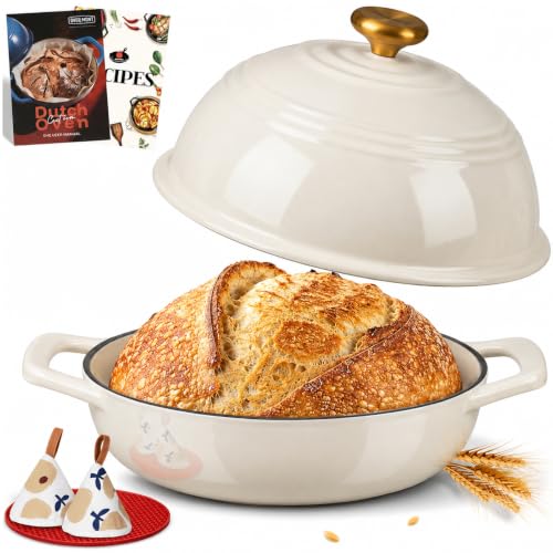 Overmont Cream White 6QT Enamel Cast Iron Dutch Oven with Dome Lid for Bread Baking