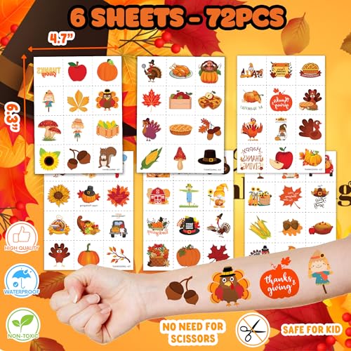 96PCS Thanksgiving Party Favors - 72PCS Pre-Cut Temporary Tattoos & 24PCS Stamps - Ideal Fall Harvest Pumpkin Autumn Themed Birthday Card Decorations Supplies Goodie Bag Baby Shower Kids Gifts Rewards
