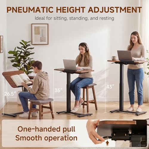 GTPLAYER Walnut Pneumatic Adjustable Standing Desk with Wheels - 28 Inch Tiltable Mobile Laptop Table for Home Office or Bedside