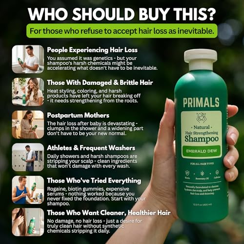 PRIMALS Hair Strengthening Shampoo with Biotin & Raw Honey - Thicker, Fuller Hair - 13.5 Fl Oz