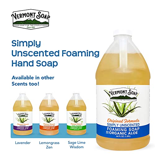 VERMONT SOAP Organic Unscented Foaming Hand Soap - Natural Moisturizing Soap for Dry Skin - Fragrance Free Liquid Bathroom Hand Soap - Simply Unscented - 64 oz