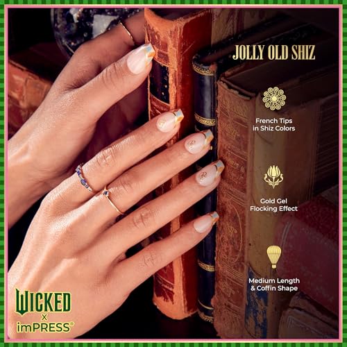 WICKED X imPRESS Press On Nails, ¡®Jolly Old Shiz¡¯, Multicolor, Medium Coffin, New Improved Adhesive, Up To 10 Day Hold, Includes 30 Fake Nails, 1 Prep Pad, 1 Manicure Stick, 1 Mini File
