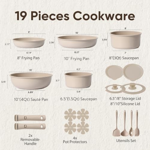 Non-Stick Cookware Set with Detachable Handles, 19 Pieces - Taupe