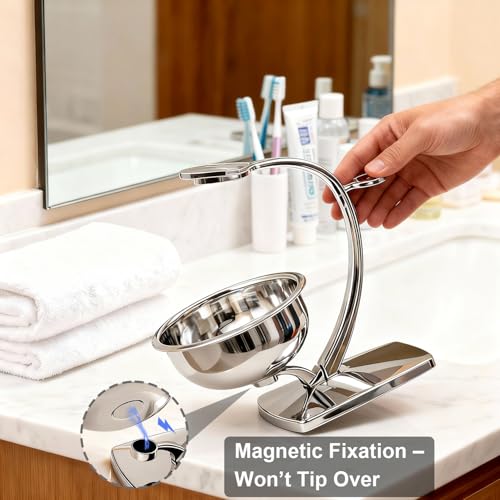 GRUTTI Shaving Bowl Set with Stand and Synthetic Brush - Magnetic Base, Chrome Alloy