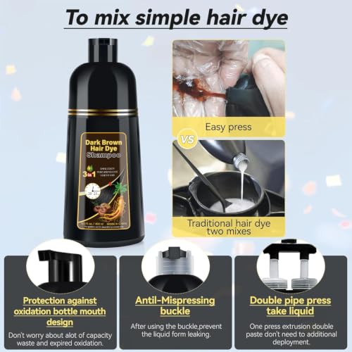 YOURTONE Dark Brown Hair Dye Shampoo 3-in-1 for Gray Coverage & Shine