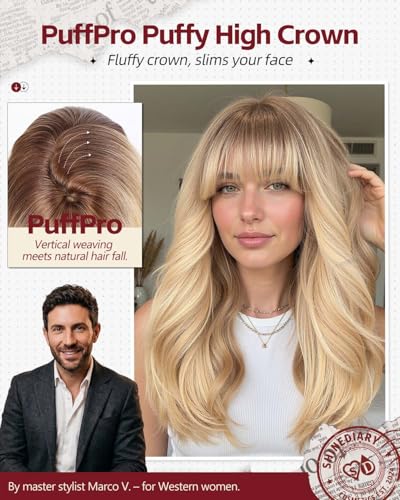 Honey Cream Blonde Wig with Bangs - 22 Inch Layered Voluminous High Crown Style - Realistic Scalp for Women, Versatile & Easy to Wear