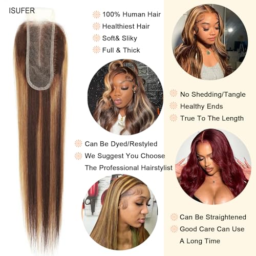Brazilian Virgin Human Hair Closure 16 Inch Honey Blonde P4/27 Transparent Lace Middle Part