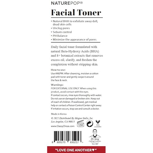 Facial Toner by NATUREPOP - Oil Free, BHA, Rose Water, Witch Hazel and Vitamin C - Acne & Pore Sebum Control 200 mL / 6.76 oz Made in Korea