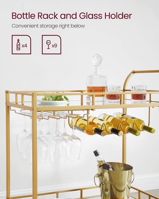 VASAGLE Gold Bar Cart with Mirrored Shelves, Wine & Glass Holders, 33.9"W