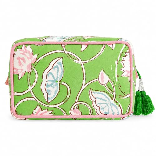 Large Capacity Travel Makeup Bag - Floral Lime & Pink Cosmetic Organizer