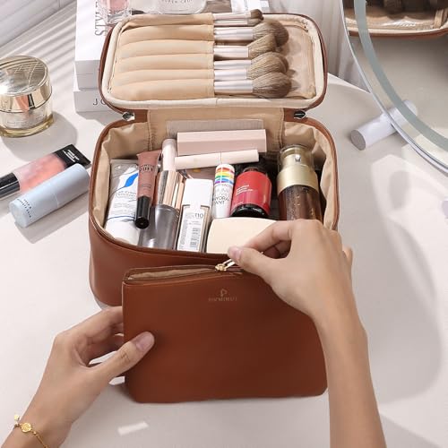 Brown PU Leather 2-in-1 Large Makeup & Toiletry Bag with Brush Holder