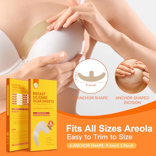 Silicone Scar Sheets for Breast - 6 Pack, Anchor Design for Precise Fit, Medical Grade & Reusable Breast Silicone Scar Tape for Surgical Scars (Yellow)
