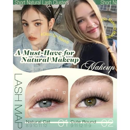 Short Lash Clusters Kit 8-12MM Natural Lash Extension kit Invisible Band Eyelash Clusters Wispy Cluster Eyelash Extensions C Curly DIY Cluster Lashes Bond and Seal Tweezers by Lvmixwig