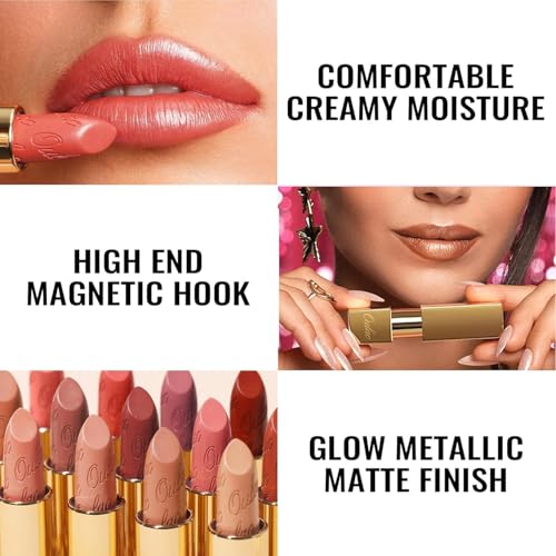 Oulac Matte Nude Peach Lipstick with Glow Metallic Finish - Vegan Lipstick for Women, Creamy Texture, Hydrating Clean Beauty Formula, High-End Magnetic Hook Design, GM06 Hugs