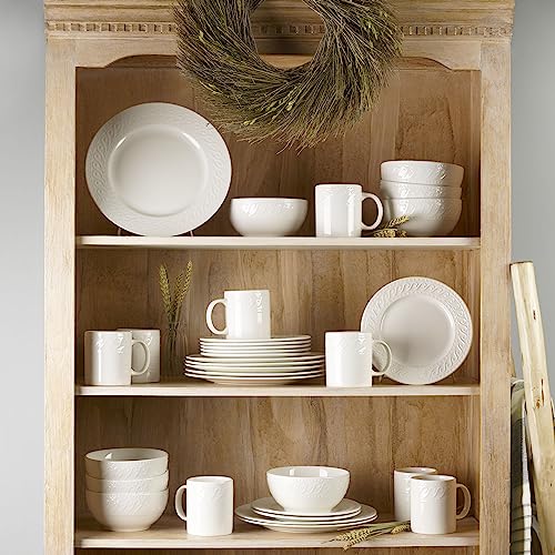 White Porcelain Dinnerware Set for 8 - 32 Pieces with Embossed Scrollwork