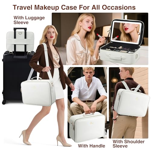 Cream Large Makeup Bag with LED Mirror - Travel Organizer for Artists