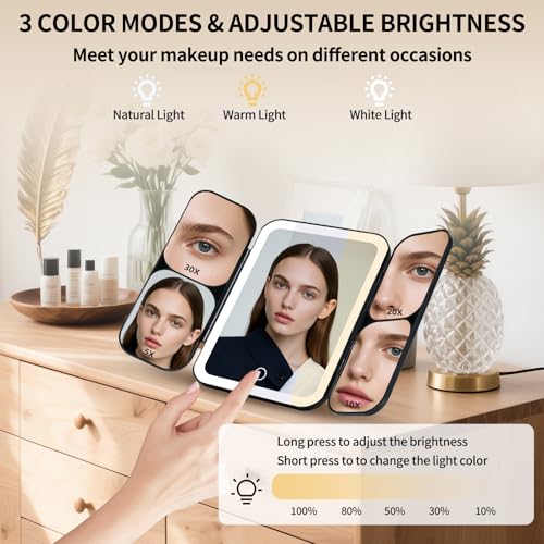 Junyaoxuan Black Tri-fold LED Vanity Mirror with 5X-30X Magnification, Touch Dimming Portable Makeup Mirror for Travel & Home