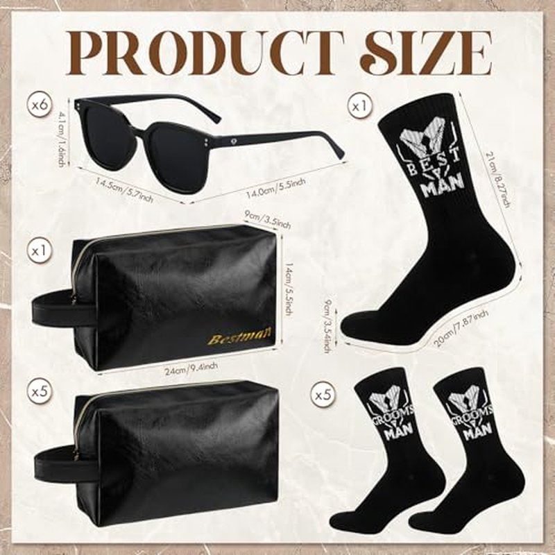 18 Pcs Groomsmen Gifts Set of 6, Groomsman Proposal Gift Includes 6 Leather Toiletry Bags 6 Sunglasses and 6 Pairs of Socks for Wedding Man Gift Bachelor Party Favors