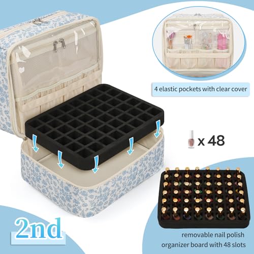 Nail Polish Organizer, Nail Supplies Storage Case Holds 69 Bottles Nail Polish & Nail Lamp, Travel Nail Tech Carrying Bag, Nail Kit Bag for Nail Stuff & Manicure Tools (Floral Blue, 69 Slots)