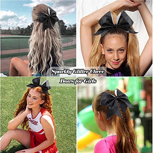 Large Glitter Cheer Bows for Cheerleaders with Elastic Hair Ties - Black