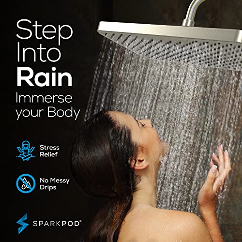 Rain Shower Head 12 Inch Rectangle Brushed Nickel Ceiling & Wall Mount - Luxury Fixed Showerhead with 184 Nozzles
