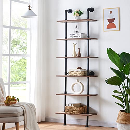 Hombazzar Industrial Pipe Bookshelf - Brown 6-Tier Modern Shelving