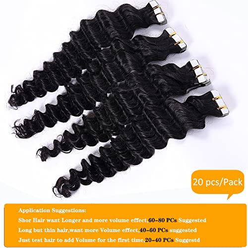 Deep Wave Tape-In Hair Extensions 16 Inch - 20pcs/Pack, 50g, Seamless Human Hair with Reusable Tape - Variation #1B-DW 50