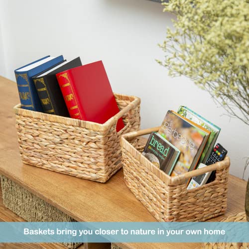 Water Hyacinth Storage Basket Set with Handles - 3 Medium Rectangular Baskets (12.2"L x 8.9"W x 6.9"H) - Natural Wicker Organizers