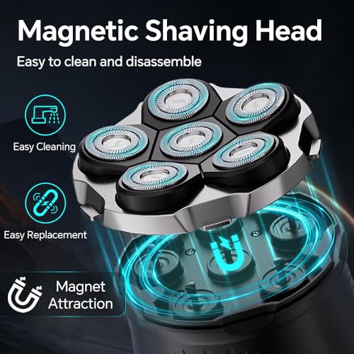 Black 6D Floating Head Rotary Shaver for Men Bald Head Wet Dry Rechargeable with USB-C