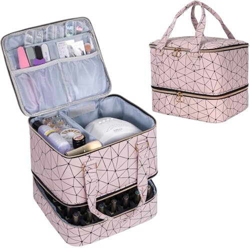 Large Pink Nail Polish Organizer Bag Holds 42 Bottles & Nail Lamp - Travel Case