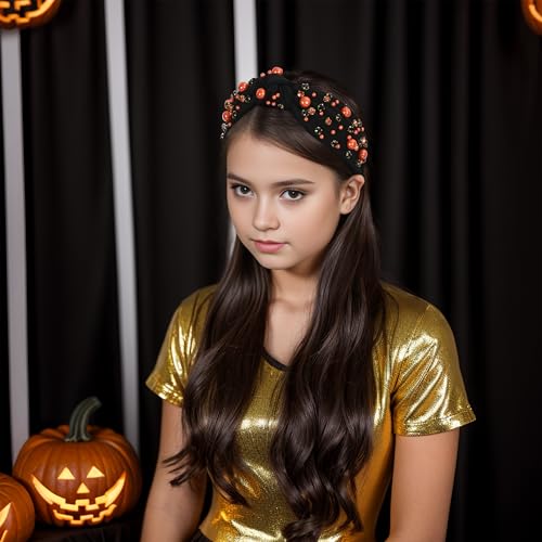 Halloween Pearl Knotted Headbands for Women Sparkly Beaded Crystal Embellished Headband Wide Top Knot Black Pumpkin Hairband Fancy Girls Halloween Hair Accessories Outfits