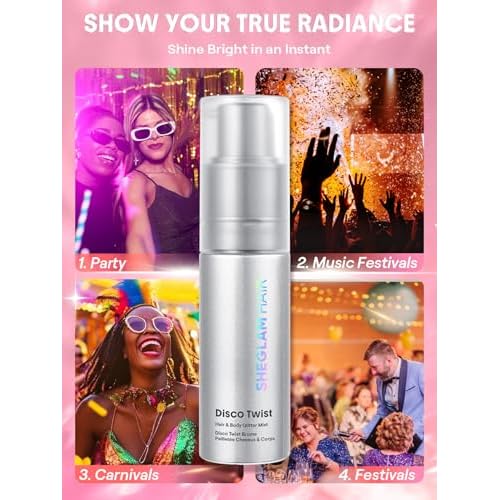SHEGLAM Hair & Body Glitter Mist Spray - Shimmering Sparkle Makeup for Parties, Festivals, Cosplay, Halloween - Long Lasting, Non-Clogging, Easy Wash Off, 0.3 Fl Oz (Silver)