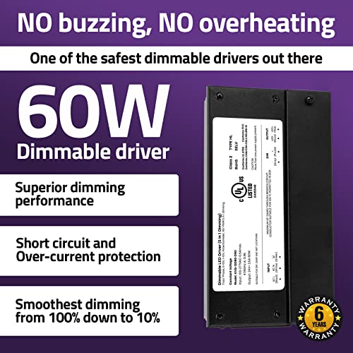 HitLights 60W 24V Dimmable LED Driver - Smooth Flicker-Free Dimming, UL Listed, 100-277V - Compatible with Lutron & Leviton Dimmers