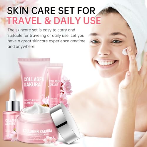 JAPAN SAKURA Skin Care Set, Cherry Blossom Skincare Set for Teen Girls & Women, Moisturizing & Repairing Skin, 4 Pcs Collagen Skin Care Kits for Travel with Facial Cleanser, Serum, Cream & Eye Cream