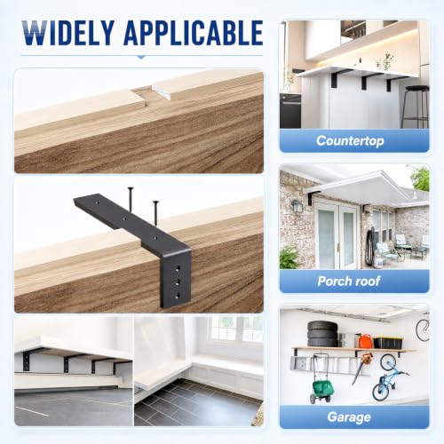 Heavy Duty Countertop Support Brackets 20 Inch x 8 Inch Black 4 Pack - Hidden L Shelf Brackets for Quartz Granite Wood Concrete Laminate