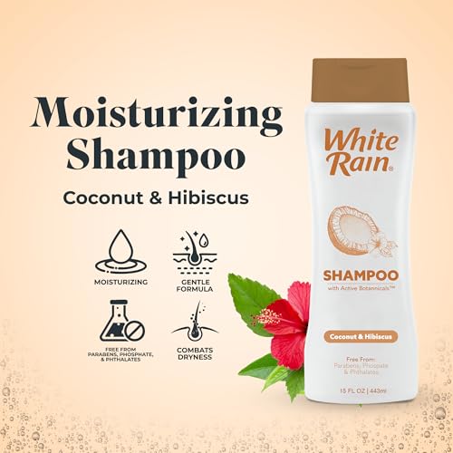 White Rain Moisturizing Shampoo - Coconut & Hibiscus Scent, Pack of 2 (15 fl oz Each), Hydrating Shampoo for Women & Men, Paraben-Free & Cruelty-Free with White Lily, Green Tea & Coconut Extract