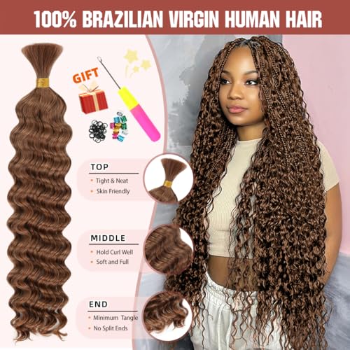 Auburn Ginger Deep Wave Human Braiding Hair - 18 Inch, 50G, 1 Pack, Brazilian Virgin, No Weft, Wet & Wavy Boho Braid Extensions